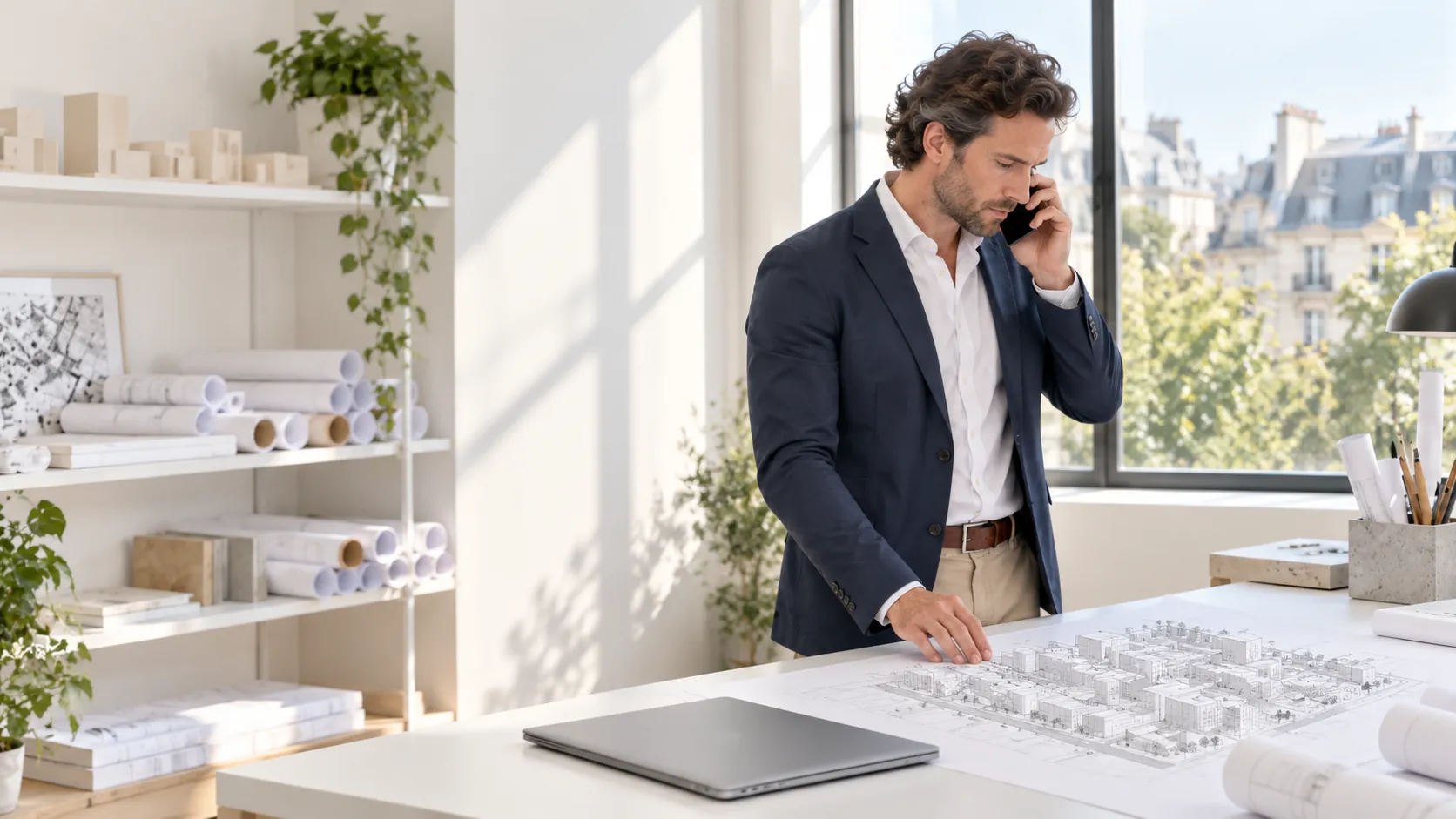 El Arquitecto de Estudio TREO atiende una consulta por teléfono, con la axonometría de la manzana sobre la mesa