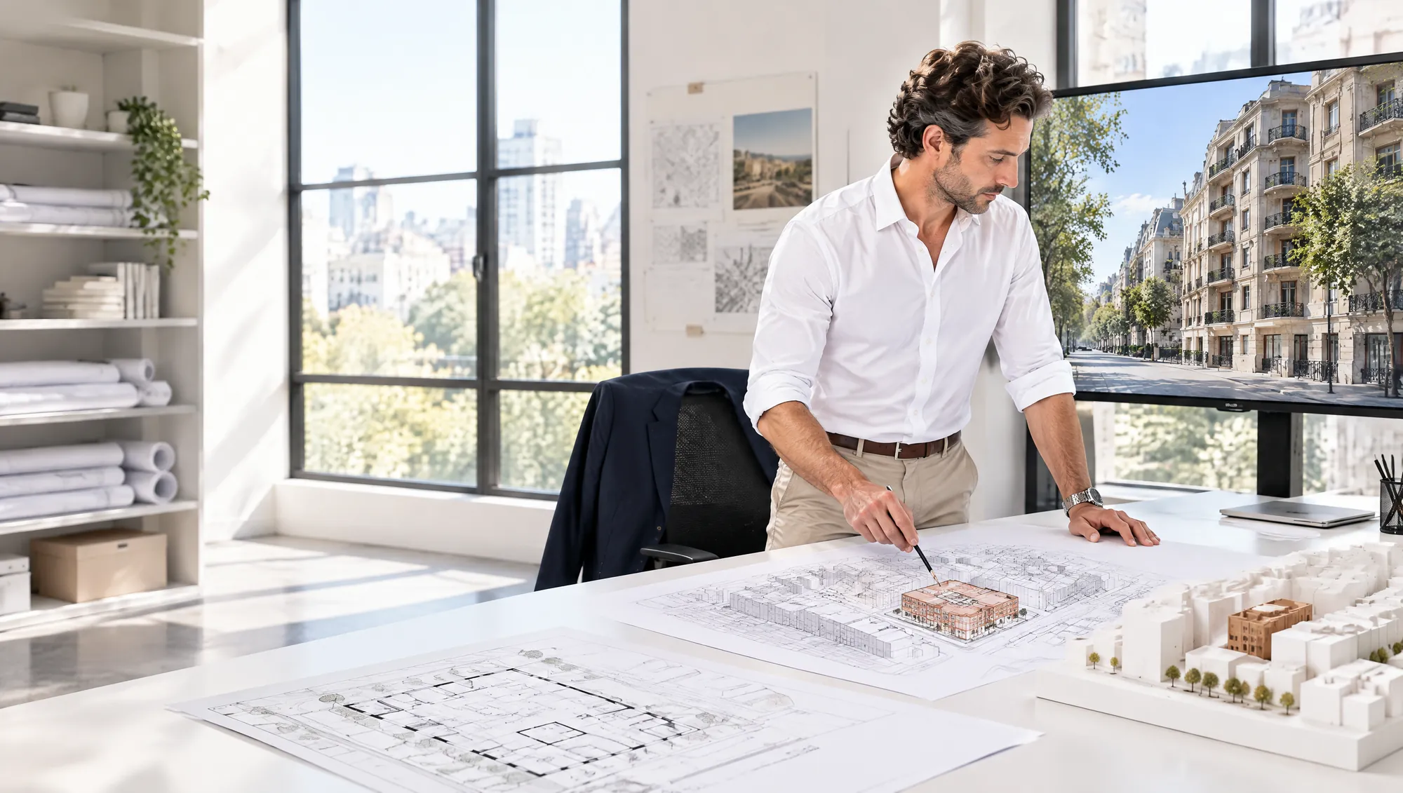 El Arquitecto de Estudio TREO señala con un lápiz la axonometría de la manzana con el edificio nuevo resaltado, junto al plano de anteproyecto y una maqueta