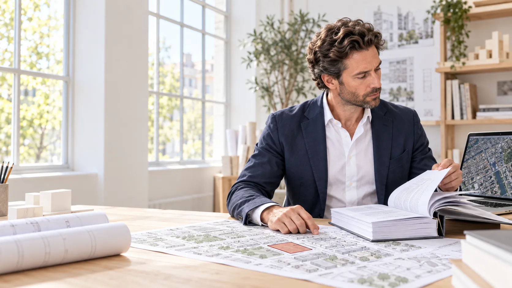 El Arquitecto de Estudio TREO consulta el Código Urbanístico impreso junto al plano de la manzana, con la parcela marcada