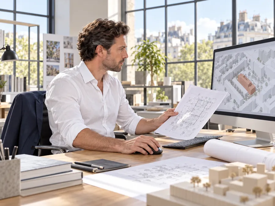 El Arquitecto de Estudio TREO compara el plano impreso con la axonometría de la manzana en el monitor antes de presentar