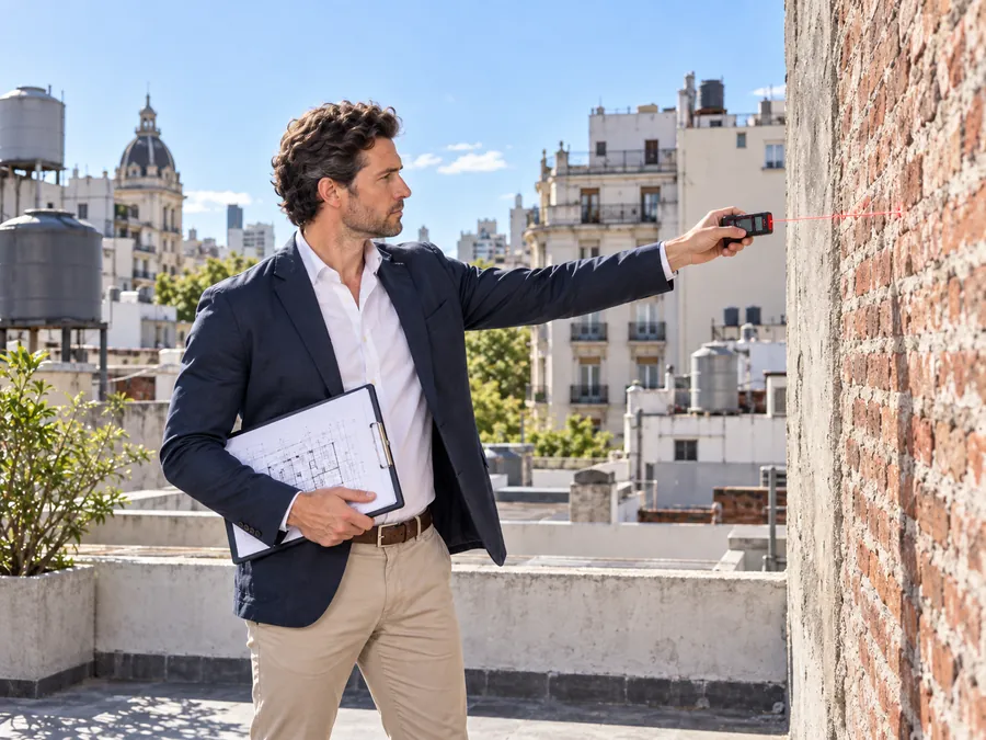 El Arquitecto de Estudio TREO mide con un medidor láser la medianera de ladrillo del edificio lindero, desde una terraza